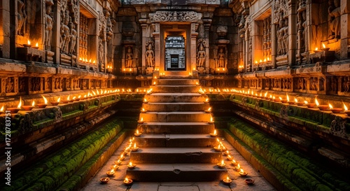 Old temple with carved stone walls, diyas placed along steps, moss & texture visible.