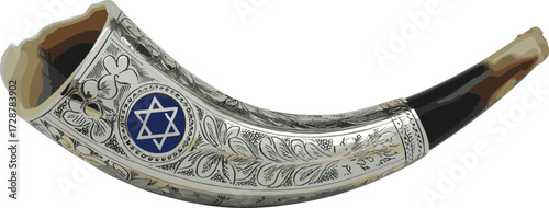 Decorative silver-plated shofar with Star of David, Jewish ceremonial ram horn, Yom Kippur symbol, Rosh Hashanah Judaica item