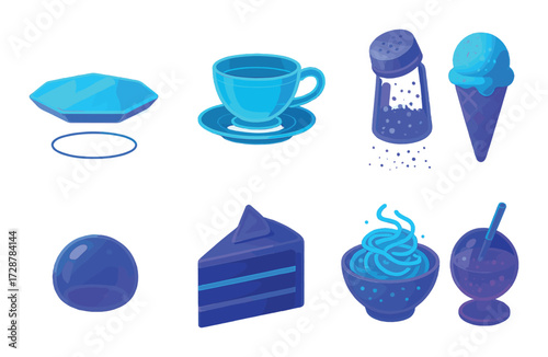 Neon glowing food icons: cup, ice cream, cake, noodles, drink, salt, plate, sphere