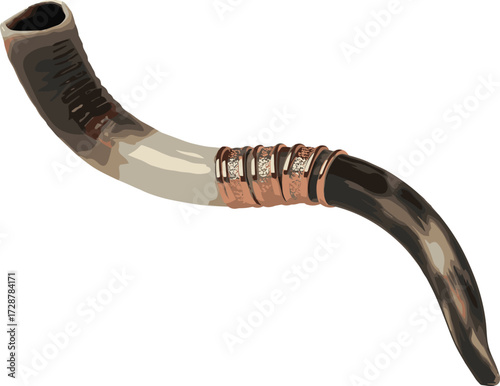Decorative silver-plated shofar with Star of David, Jewish ceremonial ram horn, Yom Kippur symbol, Rosh Hashanah Judaica item