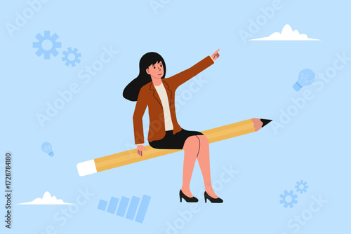 Creative woman riding a giant pencil while pointing toward the sky in a bright, imaginative illustration