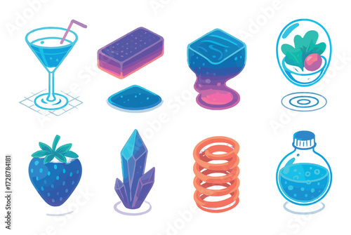 Neon icons of food, gem, and spirals in futuristic glow