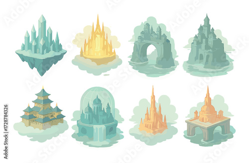 Enchanting floating castles in mystical clouds with soft color palette and diverse architectural styles