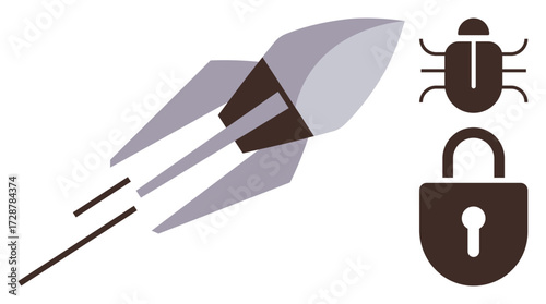 Rocket blasting off symbolizing progress near bug for software issues and lock for data security. Ideal for technology, cybersecurity, innovation, troubleshooting, protection, software development