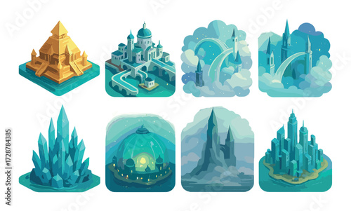 Fantasy cities and landscapes: surreal architecture and imaginative atmosphere