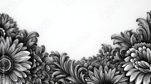 Intricate black and white floral design with swirling leaves and blossoms on a white background