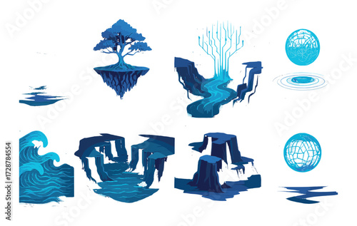Surreal blue digital landscapes with floating tree, waterfalls, and spheres in ethereal glow