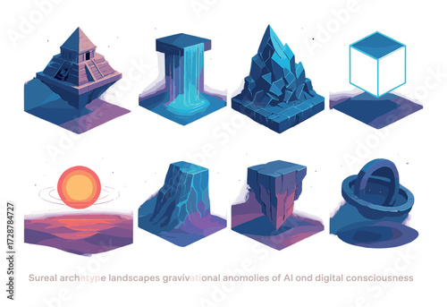Surreal archetype landscapes with gravitational anomalies and digital consciousness elements