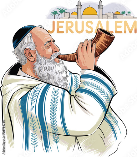 Jewish man blowing shofar in traditional tallit, Jerusalem background, Yom Kippur illustration, Rosh Hashanah celebration, Judaism vector art