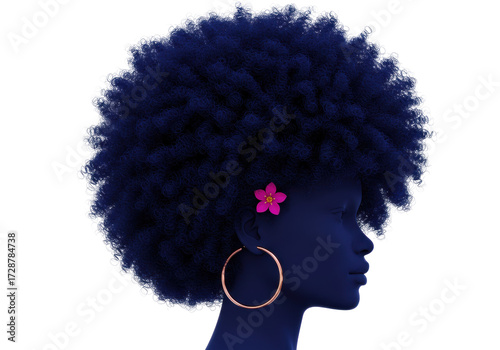 Isolated woman in profile with afro hairstyle, hoop earrings, and flower in her hair
