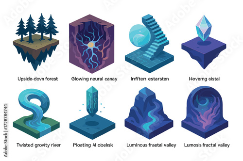 Fantasy floating islands and structures with surreal elements and mysterious glow