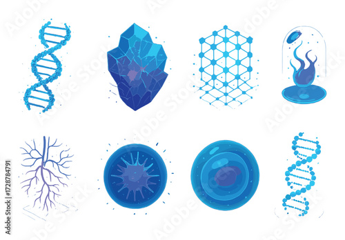 Futuristic biomolecules and crystals in neon blue sci-fi digital artwork