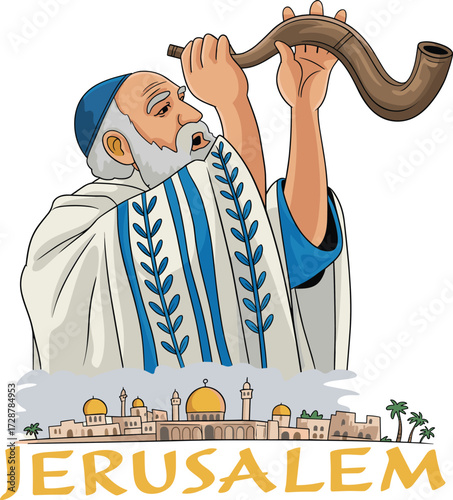 Jewish man blowing shofar in traditional tallit, Jerusalem background, Yom Kippur illustration, Rosh Hashanah celebration, Judaism vector art