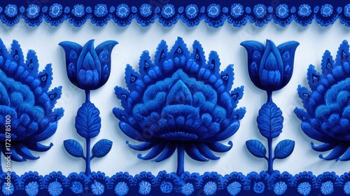 Intricate blue floral pattern featuring stylized flowers and leaves on a textured background
