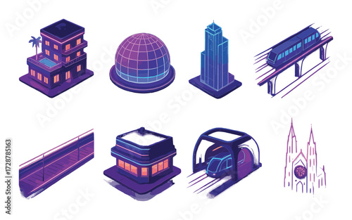 Futuristic neon cityscape with buildings and transportation elements in vibrant colors