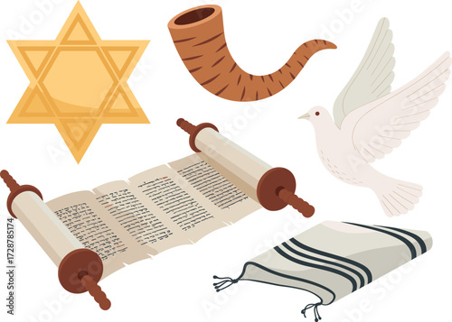 Jewish religious symbols flat illustration, Star of David, Torah scroll, Shofar, Tallit, dove, Judaism vector, spiritual heritage design