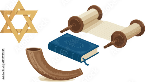 Jewish religious symbols flat illustration, Star of David, Torah scroll, Shofar, Tallit, dove, Judaism vector, spiritual heritage design