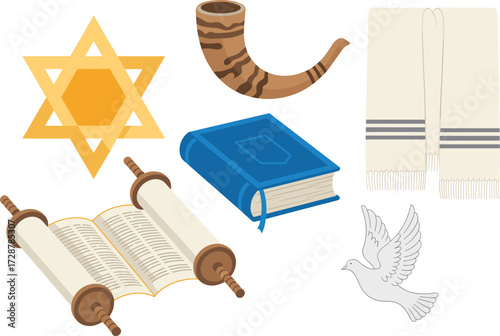 Jewish religious symbols flat illustration, Star of David, Torah scroll, Shofar, Tallit, dove, Judaism vector, spiritual heritage design