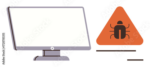Desktop monitor alongside orange warning triangle with bug graphic signifying malware or security threat. Ideal for cybersecurity, programming, risk management, antivirus, IT support, data safety