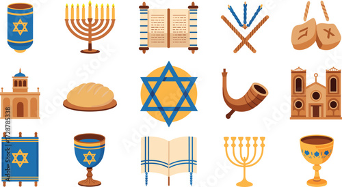 Jewish religious symbols flat illustration, Star of David, Torah scroll, Shofar, Tallit, dove, Judaism vector, spiritual heritage design