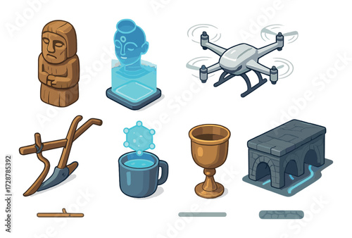 Collection of ancient and modern artifacts including stone figurine, hologram, drone, chalice