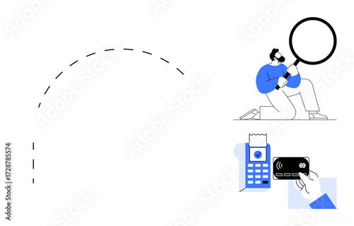Man kneeling with magnifying glass analyzing, contactless payment terminal with receipt and credit card. Ideal for finance, security, investigation, e-commerce, technology, auditing, banking