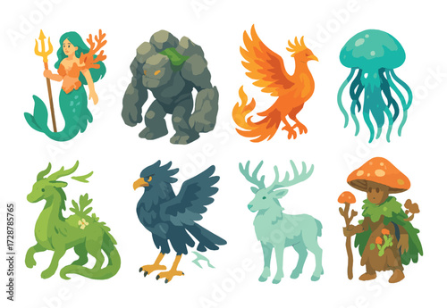 Magical fantasy creatures: mermaid, golem, phoenix, jellyfish, deer, eagle, stag, mushroom