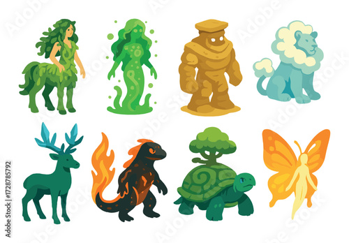 Mythical elemental creatures: centaur, water spirit, golem, lion, deer, salamander, turtle, butterfly fairy