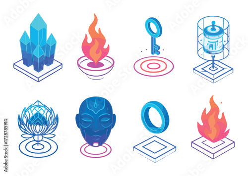 Glowing neon symbols: crystals, fire, key, prayer wheel, lotus, mask, portal