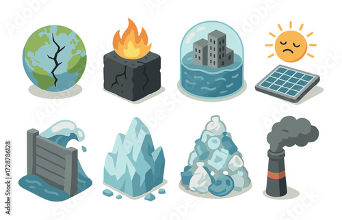 Environmental icons: climate change and pollution challenges illustrated