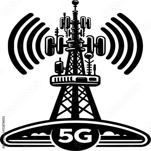 5G Transmission Tower: A graphic illustration showcasing a 5G transmission tower emitting wireless signals.