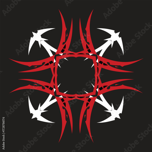 Abstract red and white tribal design with sharp edges 