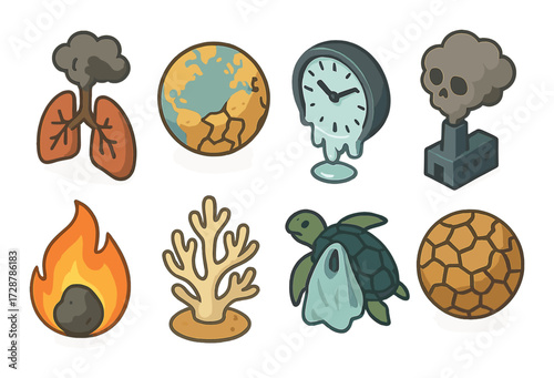 Climate change icons: pollution, global warming, and environmental impact concepts