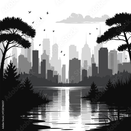 City Skyline Reflection in Water with Trees and Birds Keywords: city skyline, reflection, water