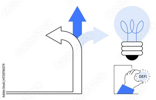 Arrows indicating choices, blue lightbulb for ideas, hand holding DEFI token. Ideal for innovation, leadership, decision-making, blockchain, creativity fintech strategy. A simple flat metaphor