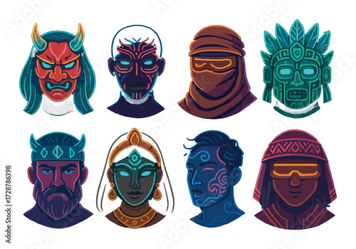 Vibrant glowing masks and faces featuring diverse cultural designs