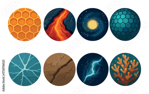 Circular elements: honeycomb, lava, galaxy, scales, ice, earth, lightning, coral