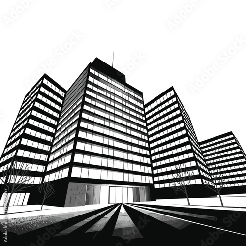 Modern Black and White Silhouette of Cityscape with Tall Buildings Keywords: silhouette