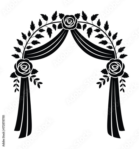 Ornate Floral Arch with Roses and Draped Fabric archway