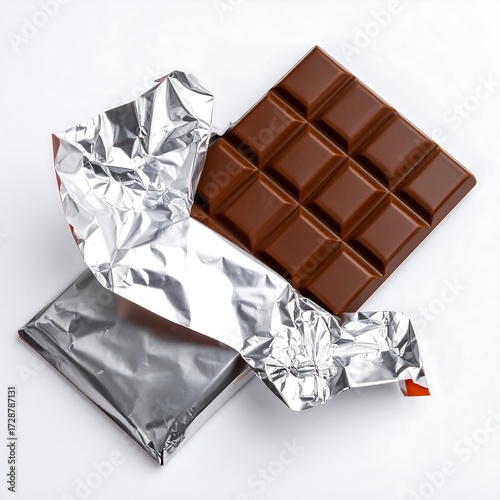 Chocolate bar in foil wrapper on white background