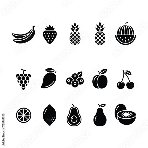 High-Quality Flat Vector Icons:  Fresh Fruit Collection, Black Silhouette Style