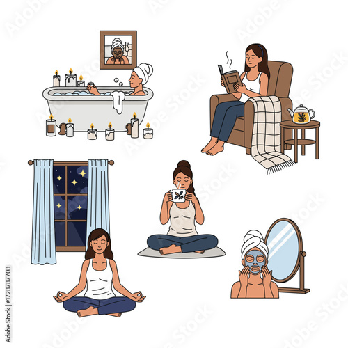 High-Quality Flat Vector Illustrations: Woman's Self-Care Routine, Relaxing Activities
