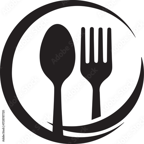 Spoon and fork inside circular icon black silhouette vector illustration for dining, restaurant, and food branding