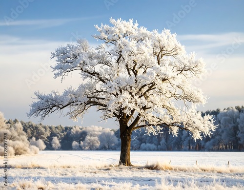 A majestic oak tree, frosted white, stands alone in a snowy landscape under a vibrant blue sky