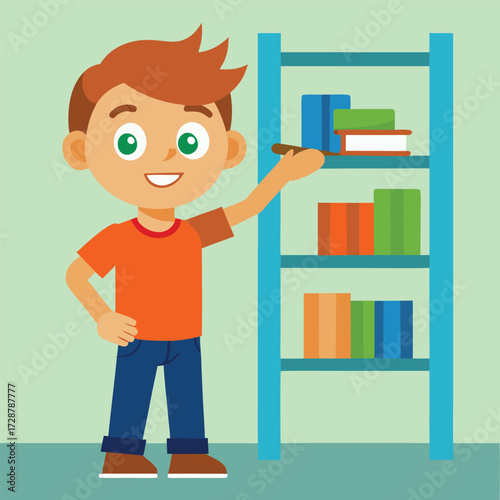 Happy young boy with red hair standing next to a blue bookshelf filled with colorful books and objects in a light green room