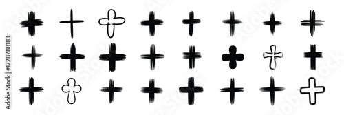 Collection of handdrawn crosses in black ink on a transparent background, featuring various styles and textures, isolated on transparent background
