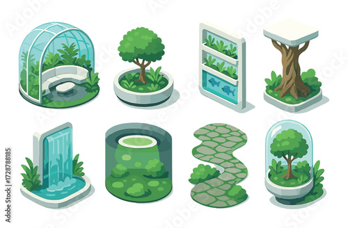 Stylized garden elements: topiary, waterfall, and stone path in isometric design