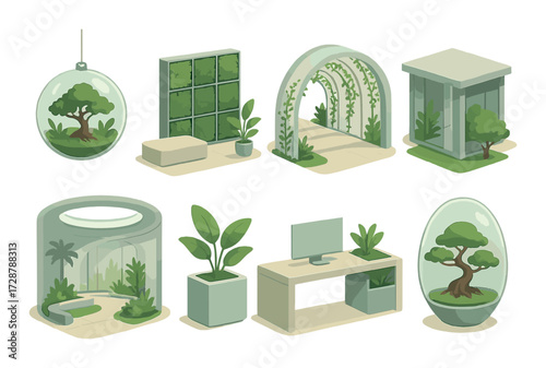 Modern indoor plant designs featuring arches bonsai and greenery accents