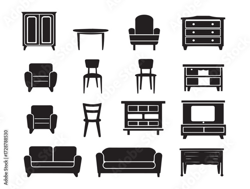 Furniture and Household silhouette icon vector illustration solid black essential living items