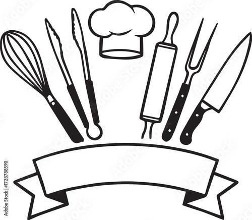 Chef hat and kitchen utensils semi-circle icon black and white vector illustration with blank ribbon for culinary branding